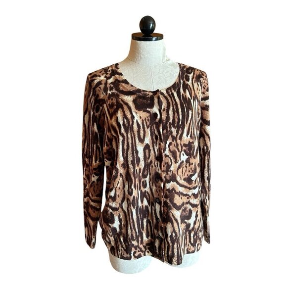 Talbots Sweaters - Talbots Women's Brown Leopard Animal Print Plus 1X Merino Wool Cardigan Preppy